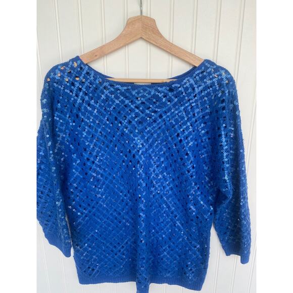 Chicos Sweater Women's Sz 1, Blue 3/4 Sleeve Kinetic Open Knit Sasha Sequins - Picture 3 of 5